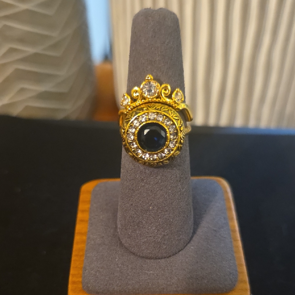 BLUE SAGE Gold and  Blue Cubic Zircinia & CrystalRing with Crystal Accents
